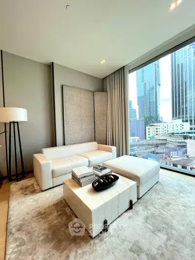 Luxurious modern living room with stunning city view and elegant decor