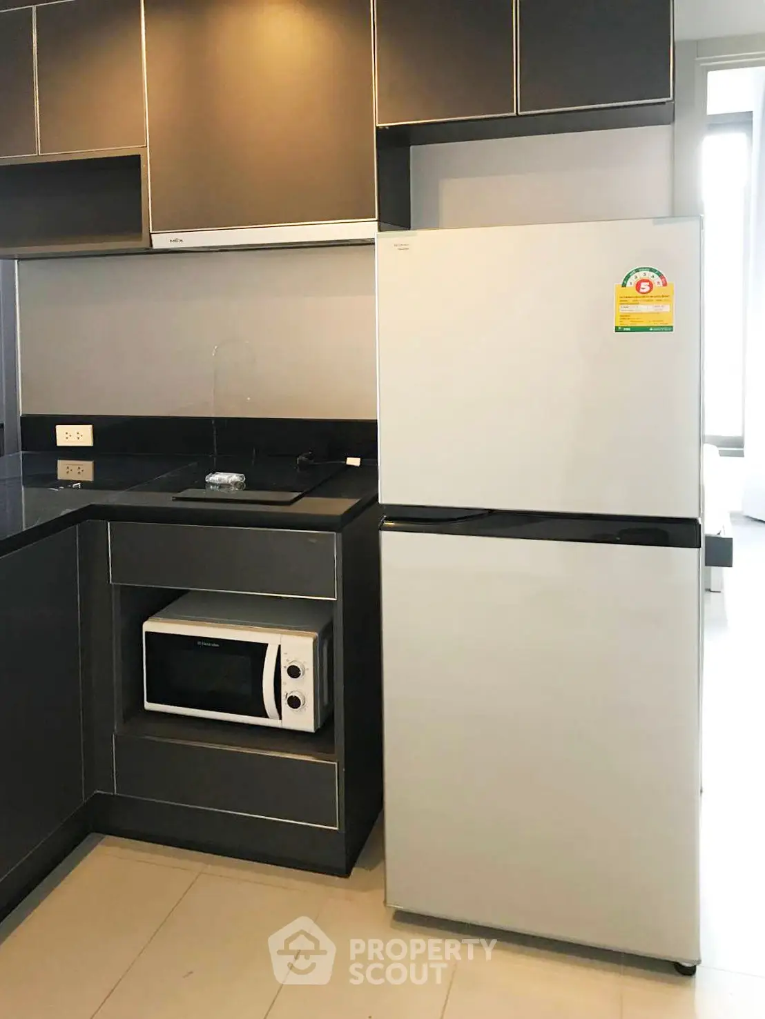 Modern kitchen with sleek cabinetry, microwave, and energy-efficient refrigerator.