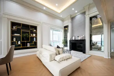 Luxurious modern living room with elegant decor and spacious layout