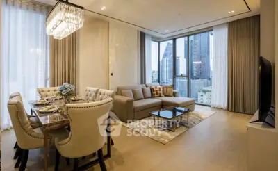 Luxurious modern living room with city view and elegant dining area