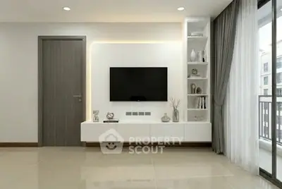 Modern living room with sleek TV unit and balcony view, featuring elegant decor and natural light.