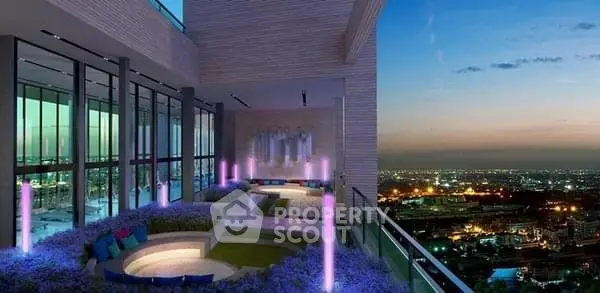 Luxurious rooftop terrace with stunning city skyline view at sunset, featuring modern seating and ambient lighting.