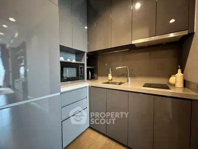 Modern kitchen with sleek cabinetry and built-in appliances in a compact layout.