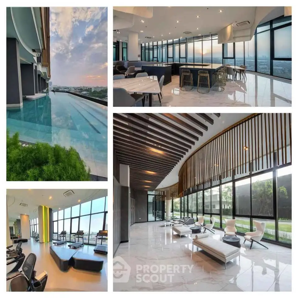 Luxurious high-rise building with infinity pool, modern gym, and elegant lounge areas offering stunning views.