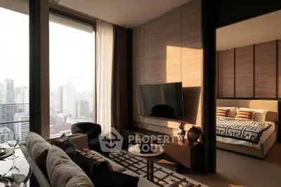Luxurious modern living room with city view and stylish bedroom