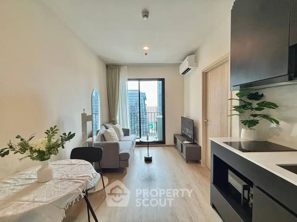 Modern living room with balcony view in a stylish apartment