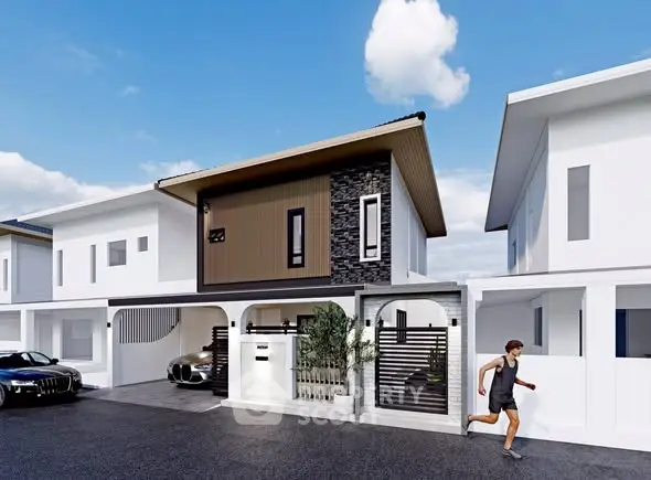 Modern two-story house with sleek design and luxury cars in driveway.