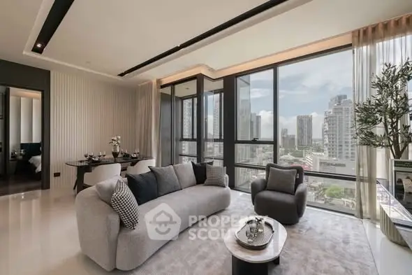 Luxurious modern living room with panoramic city views and elegant furnishings.