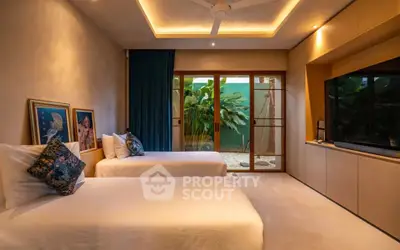 Luxurious bedroom with twin beds and garden view in modern home