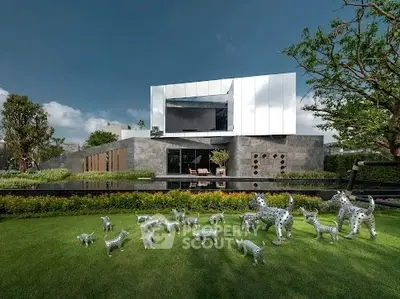 Stunning modern home with unique architecture and lush garden