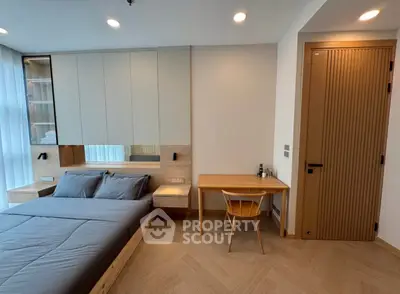 Modern bedroom with sleek design and cozy workspace