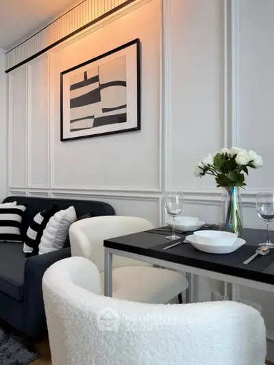 Stylish modern living room with elegant dining setup and chic decor