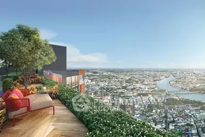 Stunning rooftop garden with panoramic city and river views, perfect for relaxation and entertainment.