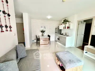 Modern living room with open kitchen and stylish decor