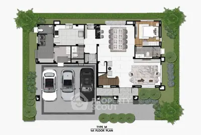 Modern first floor plan with spacious layout, featuring garage, living room, kitchen, and bedroom, surrounded by lush greenery.