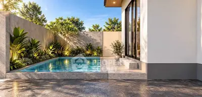 Modern home exterior with private pool and lush garden, perfect for relaxation and entertaining.