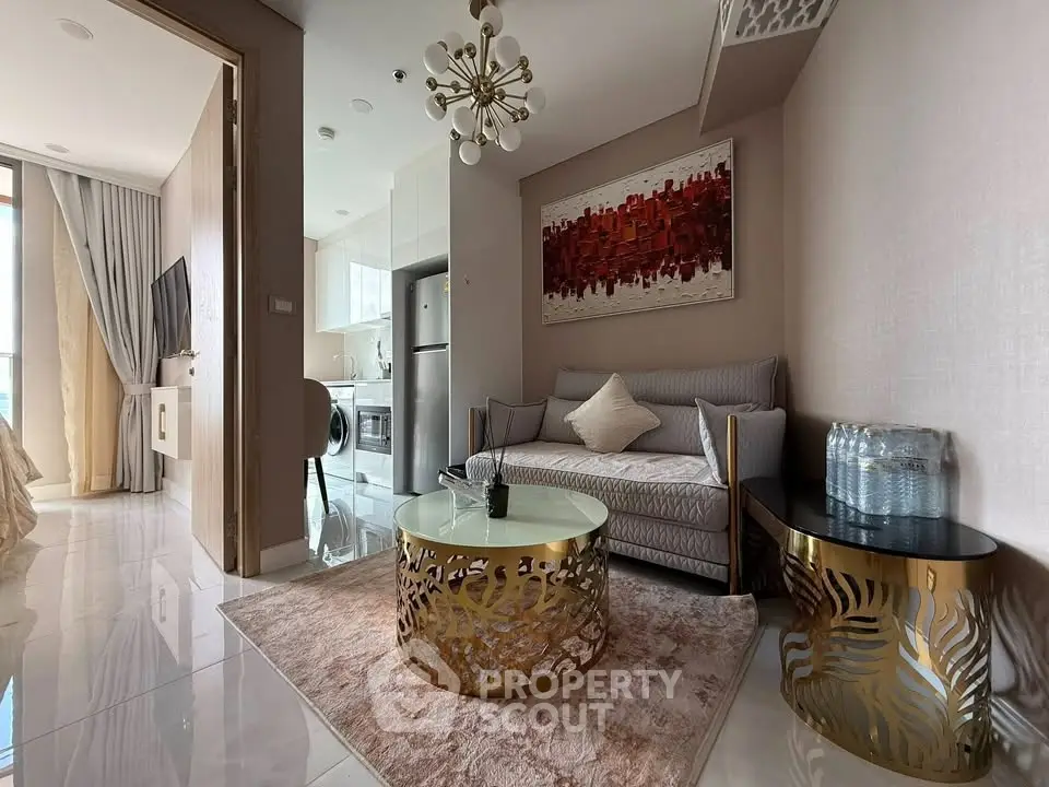 Luxurious modern living room with elegant decor and open kitchen layout