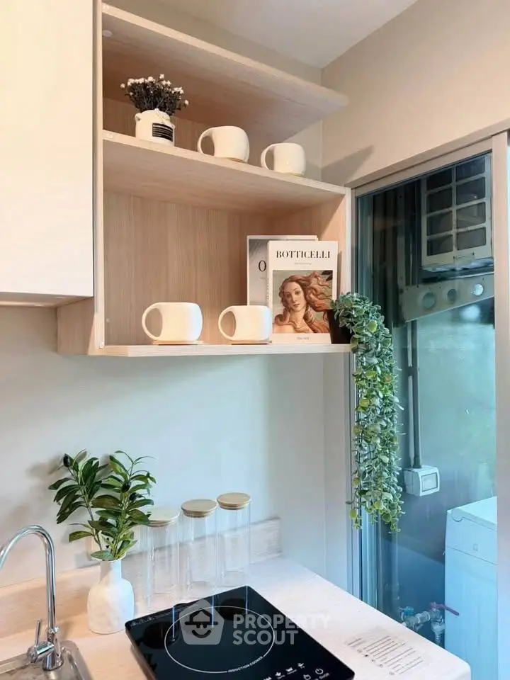 Modern kitchen with sleek induction cooktop and stylish open shelving