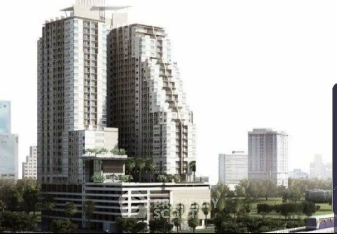 Modern high-rise building with lush greenery and cityscape view