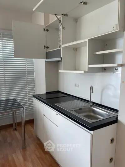Modern kitchen with sleek cabinets and stainless steel sink in a compact layout