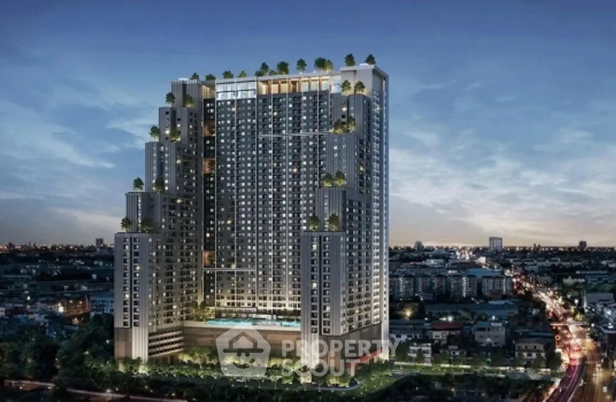 Stunning high-rise building with lush rooftop gardens and panoramic city views at dusk.