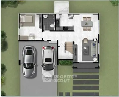 Modern house floor plan with spacious living area and two-car garage, ideal for contemporary family living.