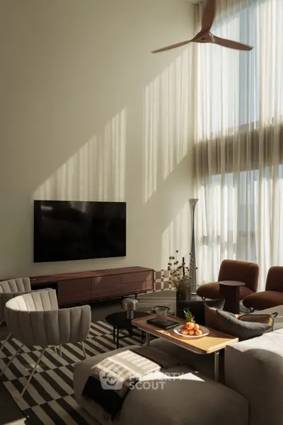 Luxurious modern living room with high ceilings and elegant decor