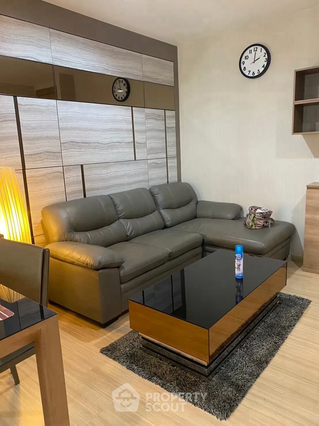 Modern living room with sleek leather sofa and stylish decor
