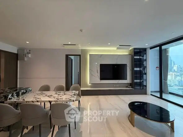 Luxurious modern living room with city view and elegant decor