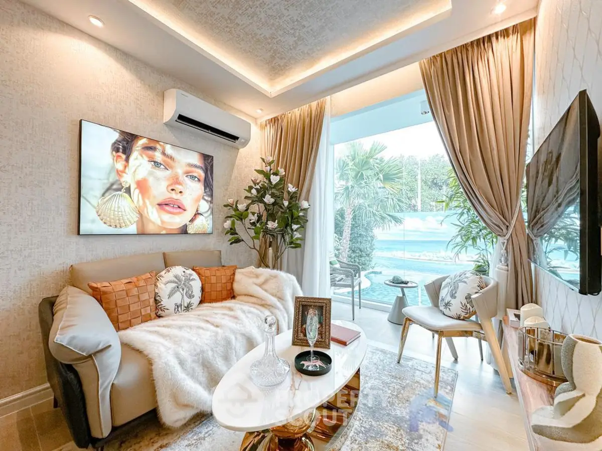 Luxurious living room with modern decor and pool view, featuring elegant furniture and ambient lighting.