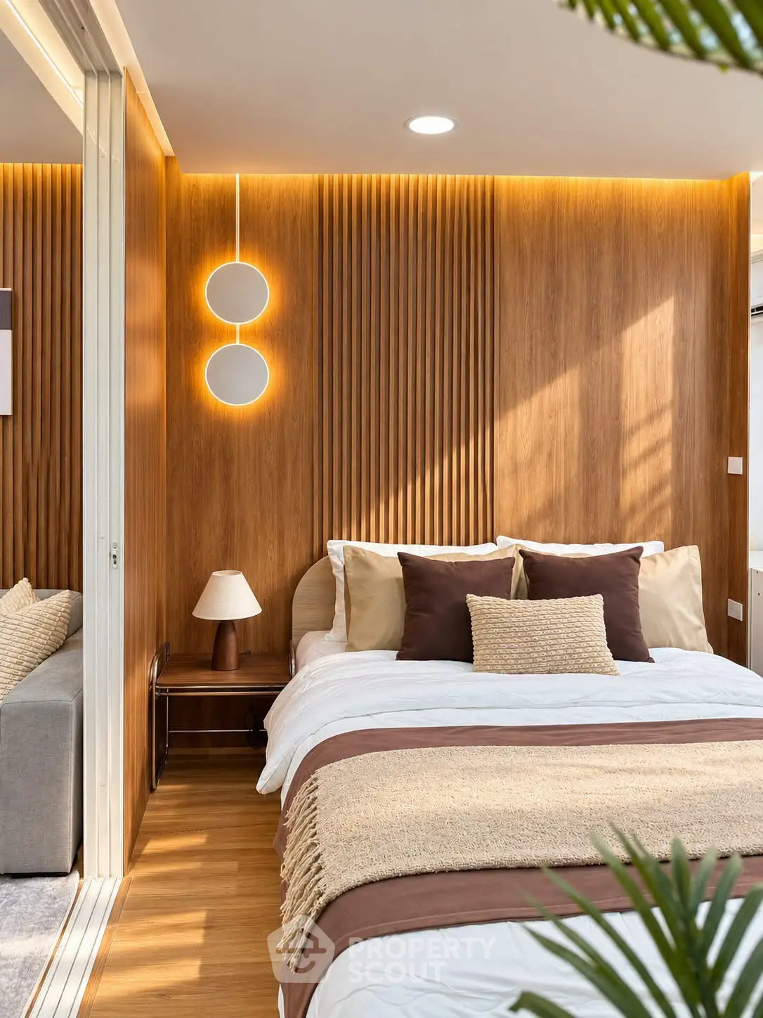 Luxurious bedroom with modern lighting and wooden accent wall