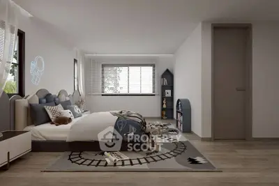 Charming children's bedroom with playful decor and ample natural light.