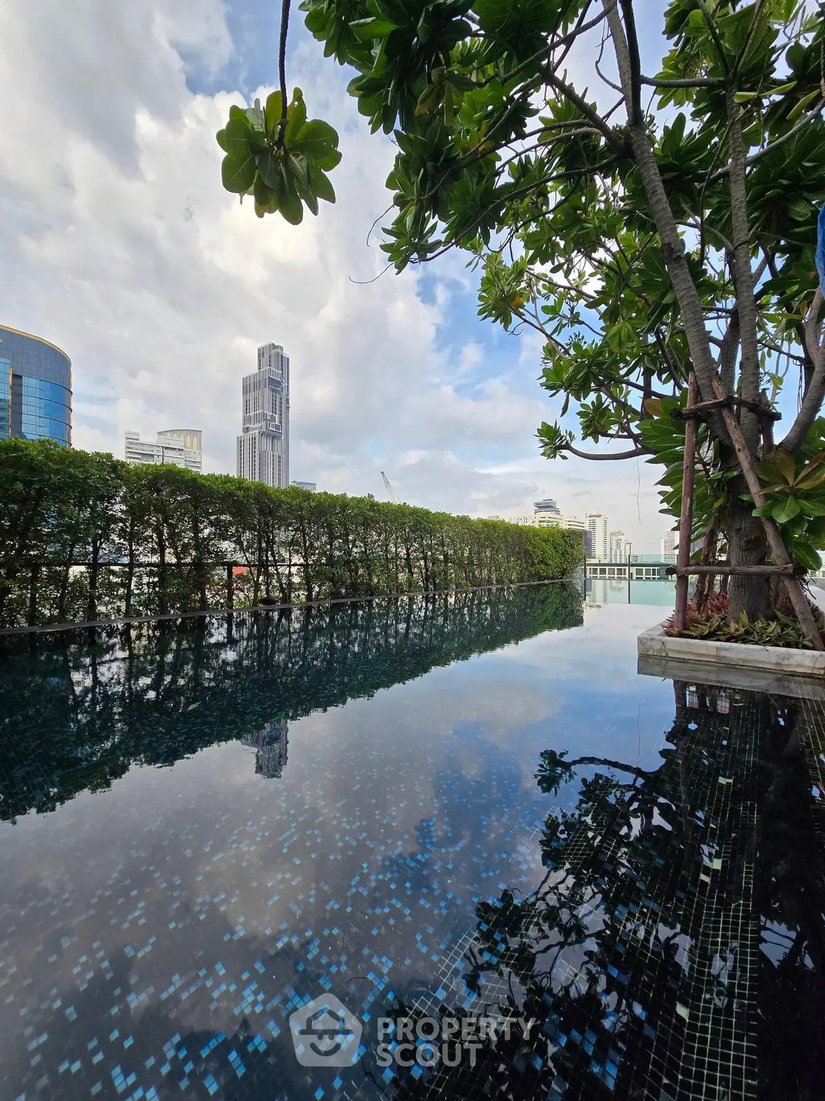 Luxurious rooftop pool with stunning city skyline view and lush greenery.