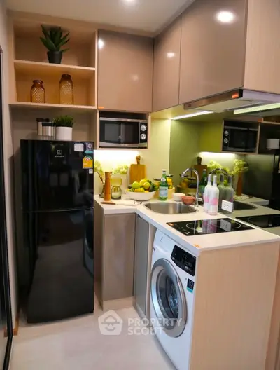 Modern compact kitchen with built-in appliances and stylish decor