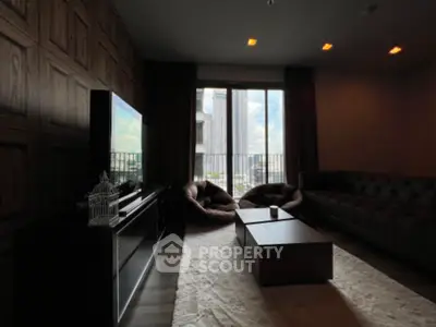 Luxurious living room with modern decor and stunning city view