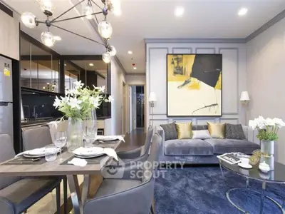 Luxurious modern living room with elegant decor and open kitchen layout