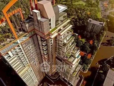 Stunning aerial view of modern high-rise building with lush greenery and river backdrop.