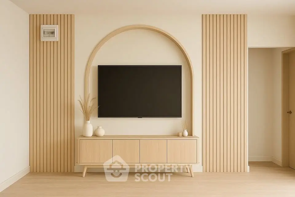 Modern living room with stylish TV setup and wooden accents