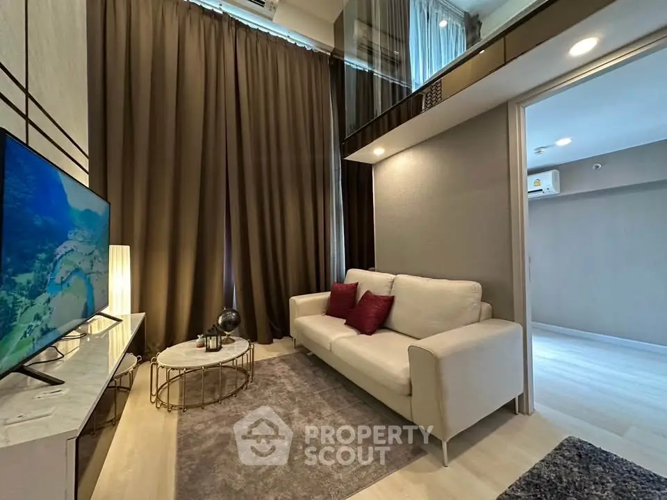 Modern living room with high ceilings and elegant decor