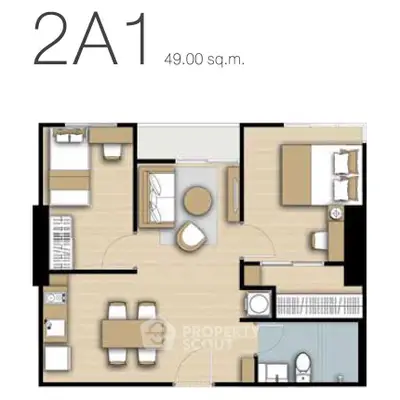 Modern 2-bedroom apartment floor plan with open layout and efficient space utilization.
