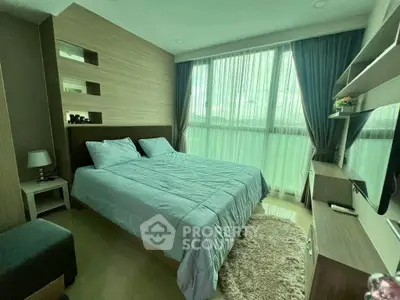 Modern bedroom with large window, cozy bed, and stylish decor in a luxurious apartment.