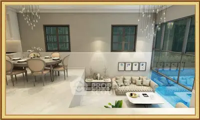 Luxurious split-level living room with elegant dining area and pool view, featuring modern decor and ample natural light.