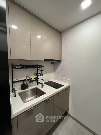 Modern compact kitchen with sleek cabinetry and induction cooktop