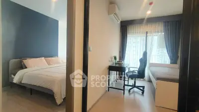 Modern bedroom and study area with natural light and stylish decor