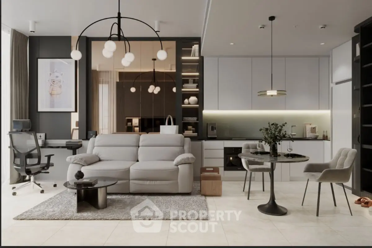 Modern living room with stylish furniture and open kitchen layout, perfect for contemporary urban living.