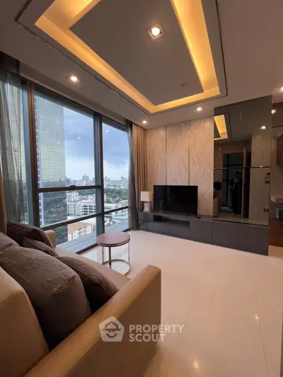 Luxurious high-rise living room with stunning city views and modern decor.
