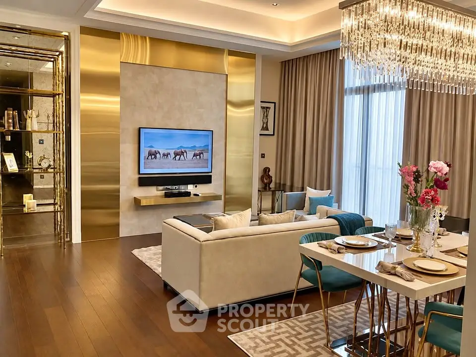 Luxurious living room with elegant dining area and modern decor