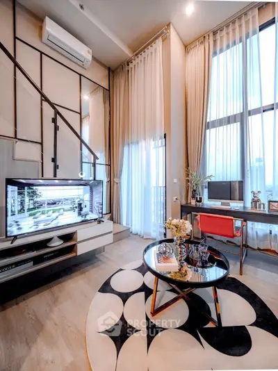 Luxurious modern living room with high ceilings and elegant decor