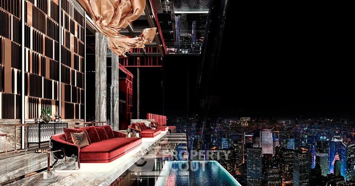 Luxurious high-rise living room with stunning cityscape view and modern design.