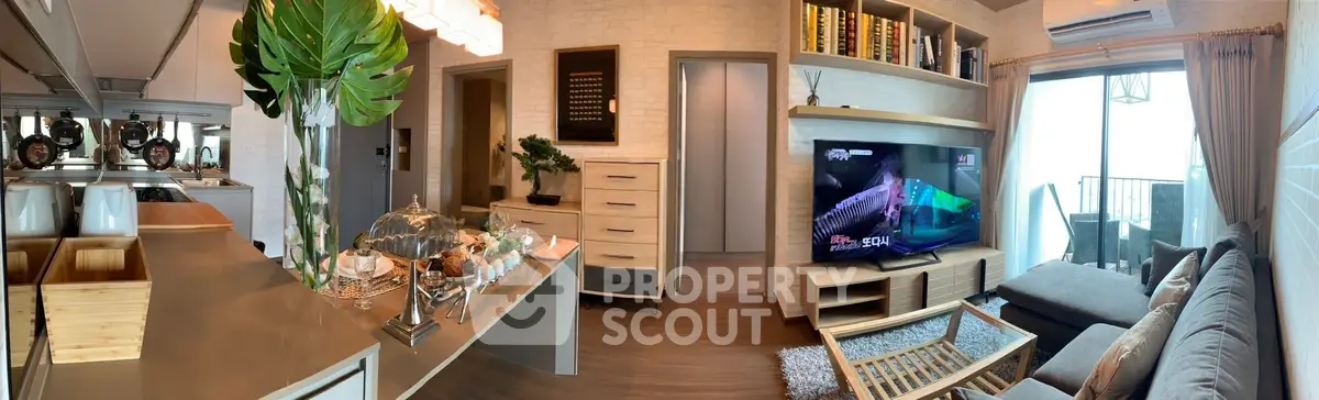 Modern open-plan living room with stylish decor and balcony view